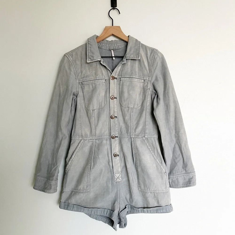 Free People Long Sleeve One Piece Button Front Collared Utility Romper